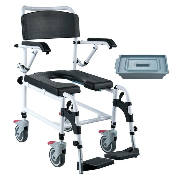 KFFKFF Commode Wheelchair for Shower Use, Equipped with 4 Secure Wheels, Adjustable Footrests, Foldable Arms, 3-Stage Height Customization, Detachable 5L Bucket, Supports up to 350 LBS