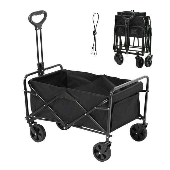 KFFKFF Collapsible Wagon Cart, 2 Cu.ft Utility Garden Cart with All-Surface 5in Wheels, 220 Lbs Foldable Trolley Cart with Beverage Holders, Recreational Trolley for Camping, Shopping