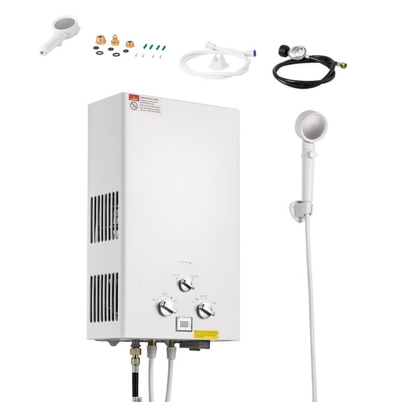 KFFKFF Compact Propane Water Heater, Outdoor 10L Tankless Water Warmer, 68000 BTU 2.64 GPM Instantaneous Heat Supply, Comes with Accessory Kit + Regulator for RV Camping Excursions and Cabin Stays