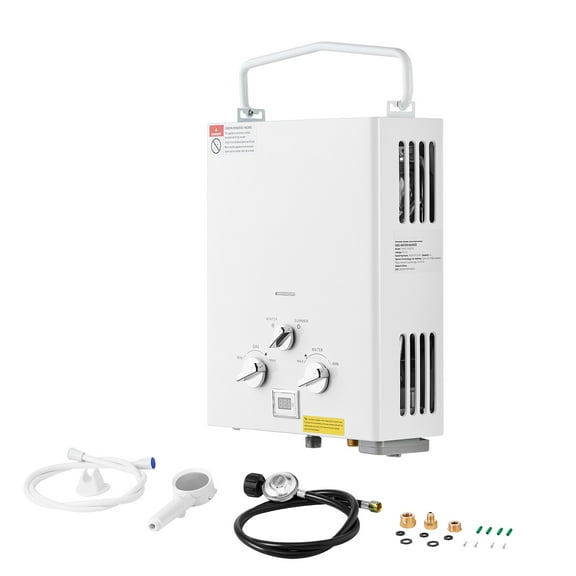 KFFKFF Compact Propane Water Heater, Outdoor 6L Tankless Unit, 41000 BTU 1.58 GPM Instantaneous Warm Water, Including Accessory Kit + Regulator for RV Excursions, Cabins, Barns