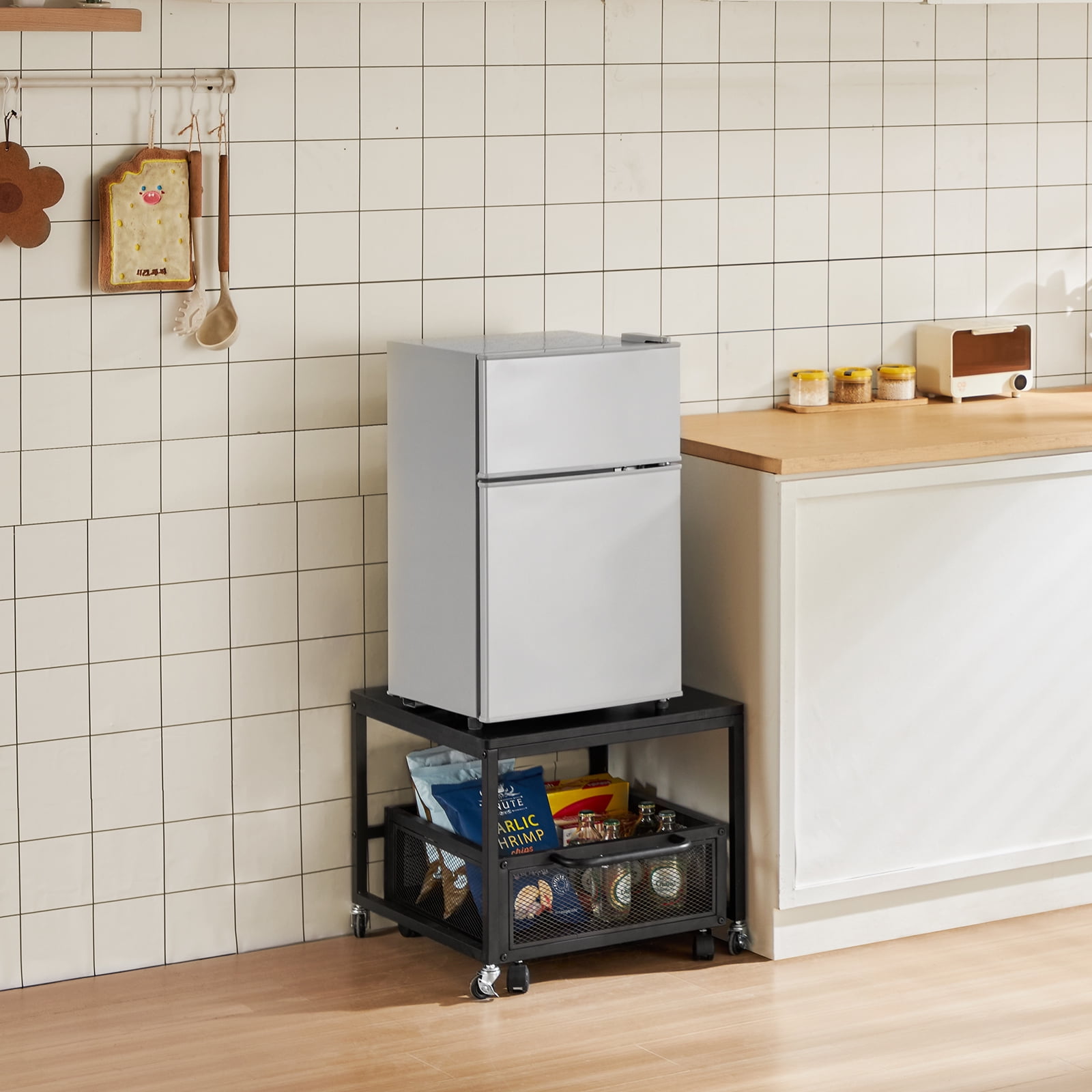 KFFKFF Mini Fridge Stand Washing Machine Stand with Storage, Refrigerator Base with 4 Swivel Lockable Wheels，Movable Storage Cart Black 20*20*17inch, 200lb Load Bearing
