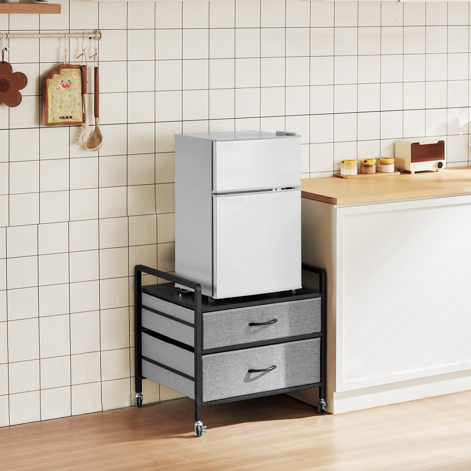 KFFKFF Mini Fridge Stand with Storage Mini Fridge Organizer18.1" Mini Refrigerator Cabinet Heavy Duty Mini Fridge Table with Rolling Cabinet and 2 Drawers 22*21*22inch White