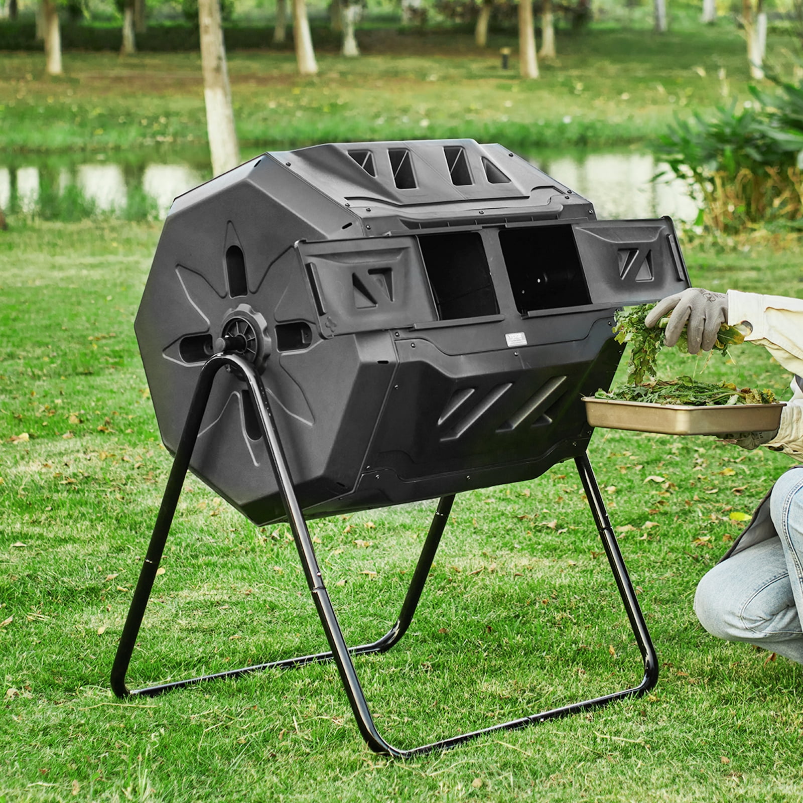 KFFKFF Compost Bin 43 Gal Dual-Chamber Composter Tumbler Rotating Sliding Door 29 x 24.6 x 37.6 in
