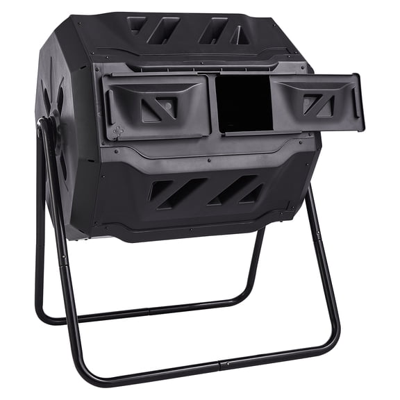 KFFKFF Composting Unit, 43-Gal Two-Section Rotating Compost Mixer, Spacious Tumbler with Dual Access Doors & Metal Support, Eco-Friendly Garden/Kitchen Waste Solution for Outdoor Use