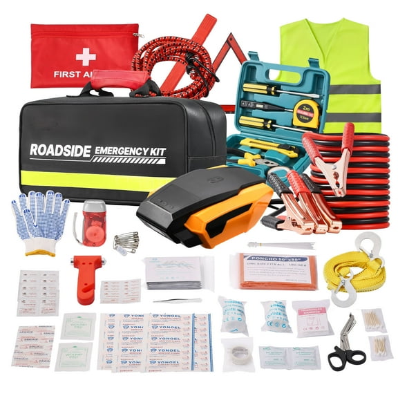 KFFKFF Comprehensive Car Emergency Kit, 2-in-1 First Aid Set with Jumper Cables, Essential Roadside Assistance Tools for Vehicles, Travel, and Home, 32-Piece Auto Emergency and Medical Aid Kit