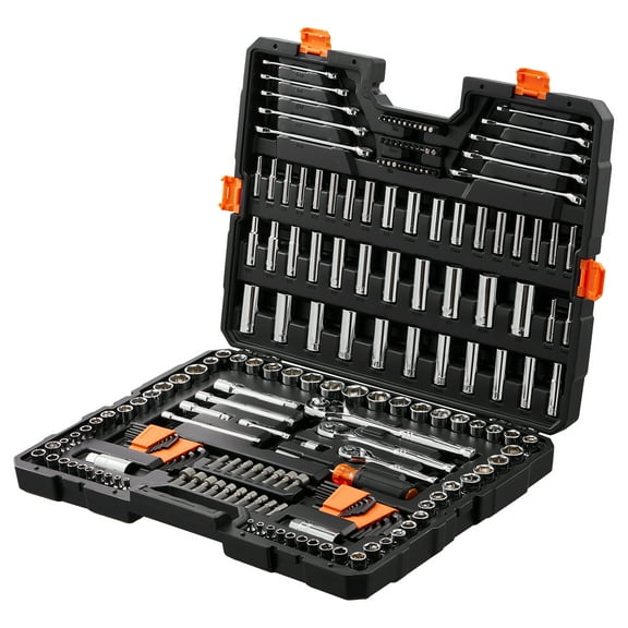 KFFKFF Comprehensive Mechanics Tool and Socket Set, 1/4" 3/8" 1/2" Drive with Deep and Standard Sockets, 205-Piece SAE and Metric Tool Kit Including Bits, Wrenches, Hex Keys, Accessories