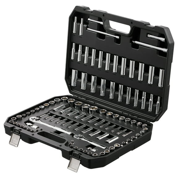 KFFKFF Comprehensive Socket Set, 1/4" and 3/8" Drive Ratchet and Socket Kit, 6-Point Design, 106-Piece SAE and Metric Tool Collection, Includes Deep and Standard Sockets (5/32-1 in, 5-19 mm)
