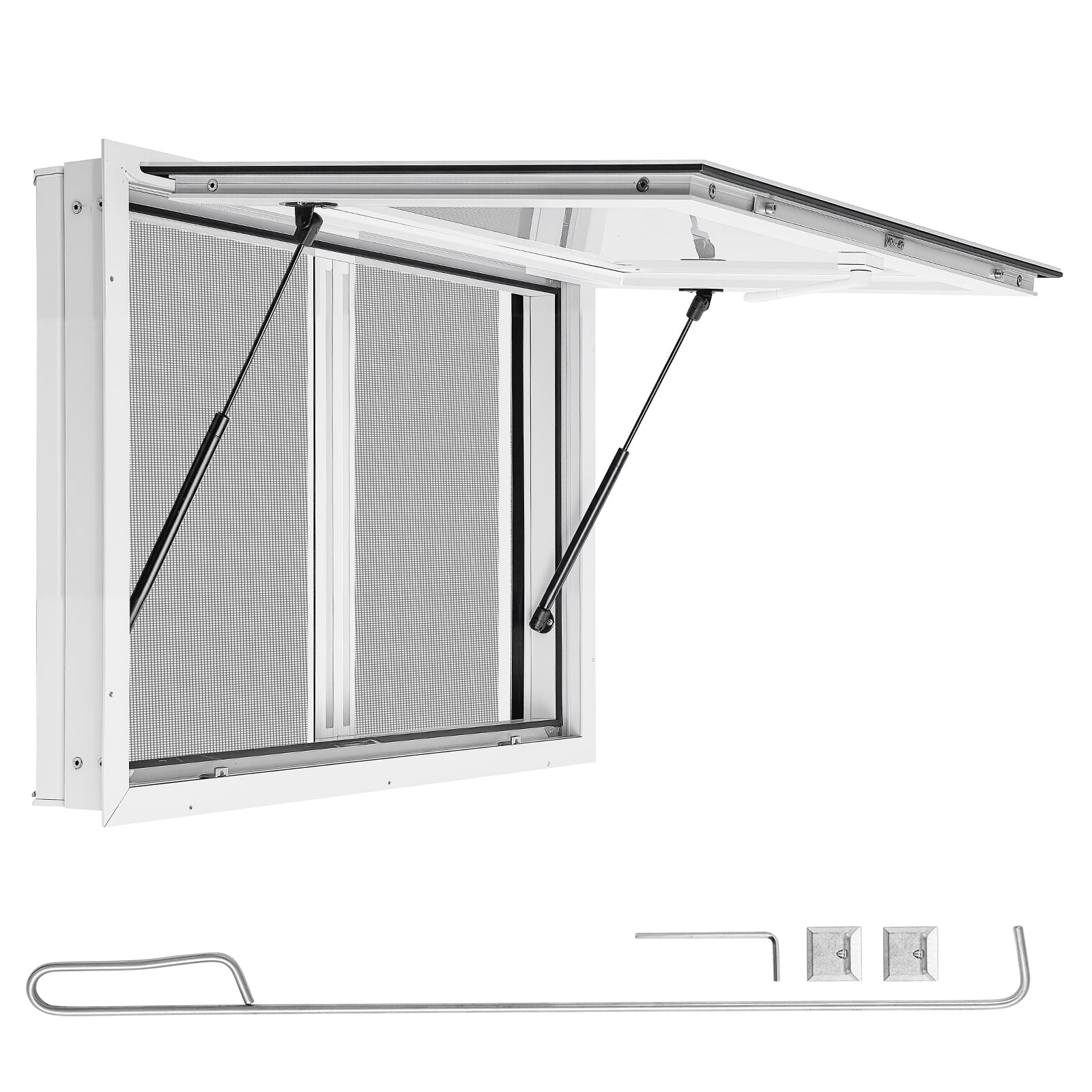 KFFKFF Concession Window 36x24 in Aluminum Alloy & Acrylic Service Window, Designed for Food Trucks, Features 85-Degree Stand Serving, Dual Sliding Screen Windows, Awning Door, Drag Hook.