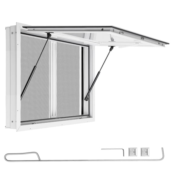 KFFKFF Concession Window 36x24 in Aluminum Alloy & Acrylic Service Window, Designed for Food Trucks, Features 85-Degree Stand Serving, Dual Sliding Screen Windows, Awning Door, Drag Hook.