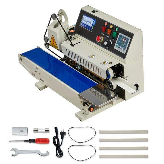 KFFKFF Continuous Bag Band Sealing Machine, 0.24-0.47 in Seal Width, Horizontal Sealer with Ink Printing, Adjustable Temperature & Speed, Heat Sealer for 0.001-0.03 in Plastic Bags