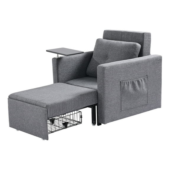 KFFKFF Convertible Sleeper Sofa Bed with Side Pocket, Pillow, Armrest, Desk Board, Adjustable Backrest, Pull-Out Design with Wheels and Storage, Gray