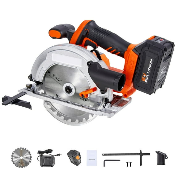 KFFKFF Cordless Circular Saw, 6-1/2 inch Blade, 4700 RPM, Adjustable Bevel 0-45 Degrees, Brushless Motor, LED Light, Includes Battery and Charger, Suitable for Woodworking