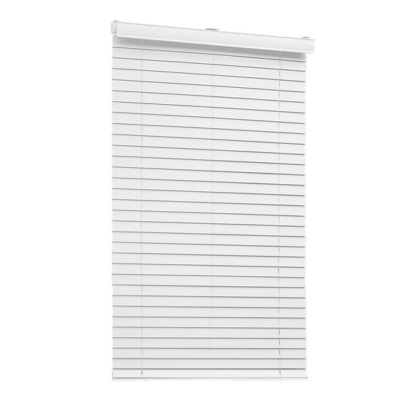 KFFKFF Cordless Faux Wood Blinds, 2" Slats, 34.5" W x 60" H, Window Shades with Decorative Valance, Easy to Maintain and Adjust Light, Ideal for Room Darkening and Home Interiors, White