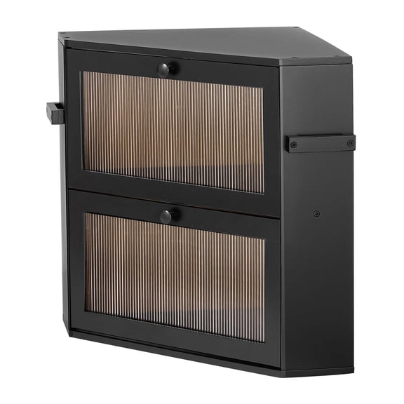 KFFKFF Corner Bread Box for Kitchen Counter, Bamboo Wood Storage Container in Black, Ideal for Homemade Bread, Under Cabinet or Pantry Use, Double-Layer Design with Acrylic Door and Ventilation