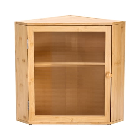 KFFKFF Corner Bread Box for Kitchen Counter, Double-Layer Bamboo Bread Storage Container, Wooden Breadbox with Acrylic Wavy Door, Natural Finish