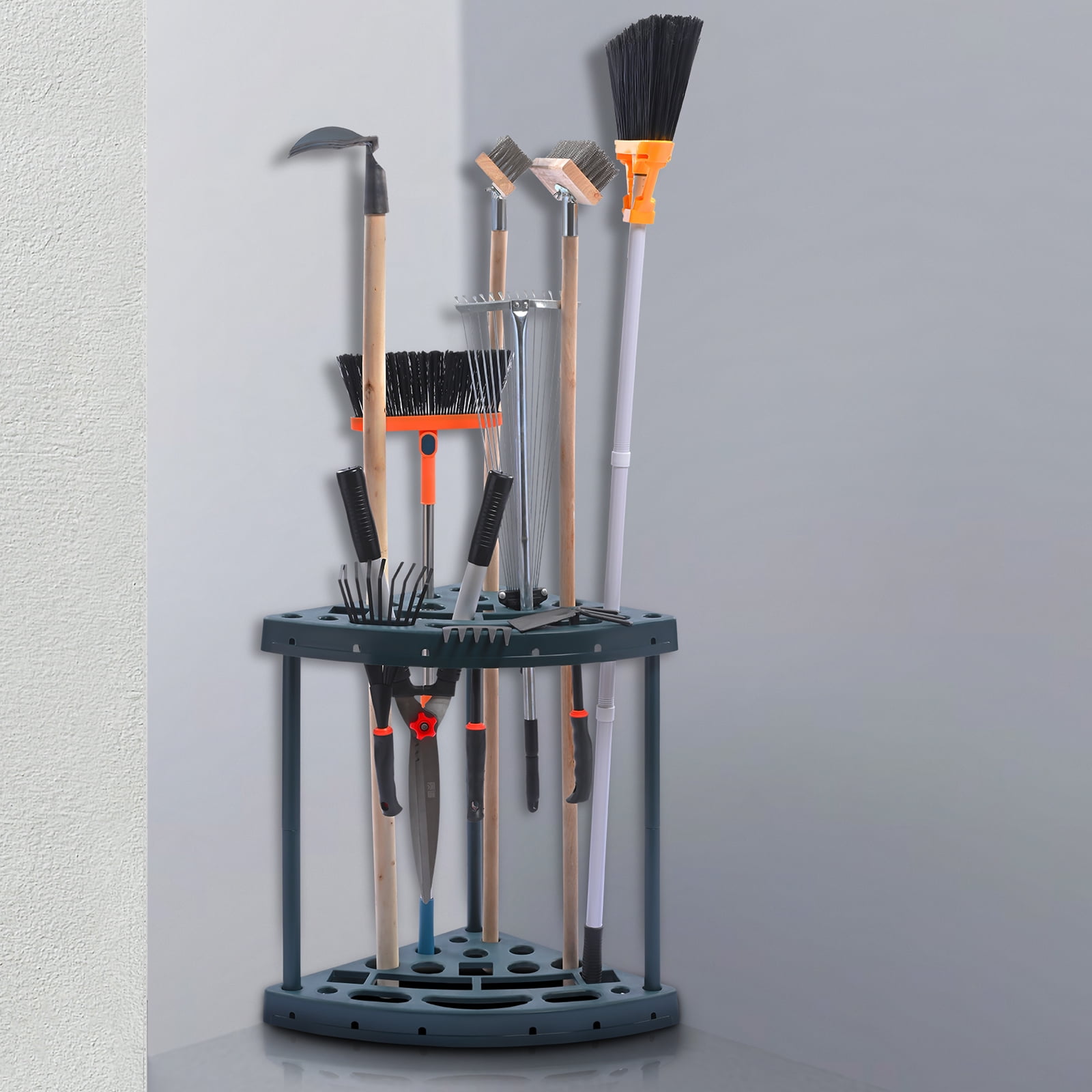 KFFKFF Corner Garden Tool Storage Rack Garage Organizer 19 Slots Broom Mop Holder