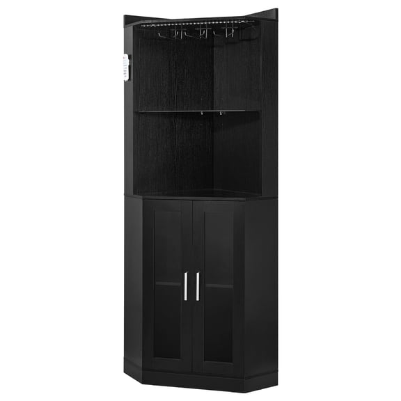 KFFKFF Corner Wine Cabinet with Storage, Bar Cabinet Featuring Glass Holder, Adjustable LED Lighting, Anti-Tip Design, Ideal for Kitchen, Living Room, Dining Room, Black Wood Finish