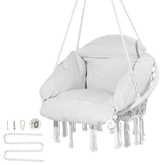 KFFKFF Cotton Rope Swing Chair with Cushion, Includes Mounting Kit, Ideal for Indoor and Outdoor Use, Patio, Garden, or Bedroom, Supports up to 264 lbs, White