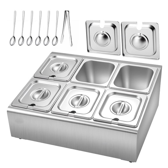 KFFKFF Countertop Food Serving Display Container, Stainless Steel Salad Server Tray, Buffet Condiment Dispenser with Ice-Cooled Rack and Individual Lids, Ideal for Restaurants, Hotels (6x1/6 Pan)