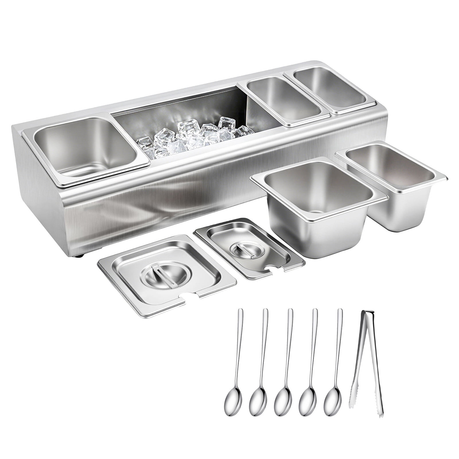 KFFKFF Countertop Food Serving Display Container, Stainless Steel Salad Server Tray, Buffet Condiment Dispenser, Ice-Cooled Rack with Individual Lids, Suitable for Restaurants,Hotels(2x1/6+3x1/9 Pan)