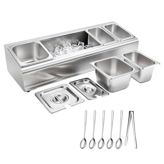 KFFKFF Countertop Food Serving Display Container, Stainless Steel Salad Server Tray, Buffet Condiment Dispenser, Ice-Cooled Rack with Individual Lids, Suitable for Restaurants,Hotels(2x1/6+3x1/9 Pan)
