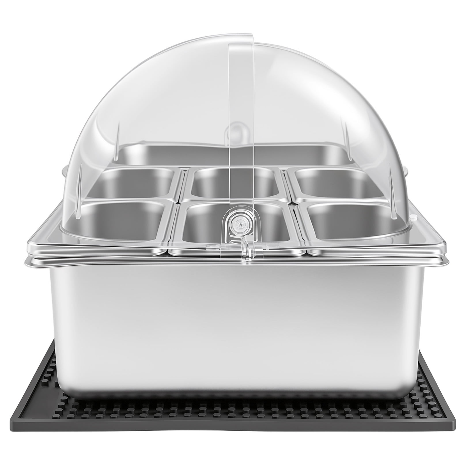 KFFKFF Countertop Food Serving Display Container, Stainless Steel Salad Server Tray, Buffet Condiment Holder, Ice-Cooled Rack with Clear Roll-Top Lid, Suitable for Restaurants (1x1/3+6x1/9 Pan)