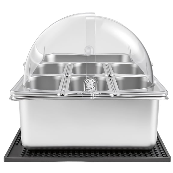 KFFKFF Countertop Food Serving Display Container, Stainless Steel Salad Server Tray, Buffet Condiment Holder, Ice-Cooled Rack with Clear Roll-Top Lid, Suitable for Restaurants (1x1/3+6x1/9 Pan)