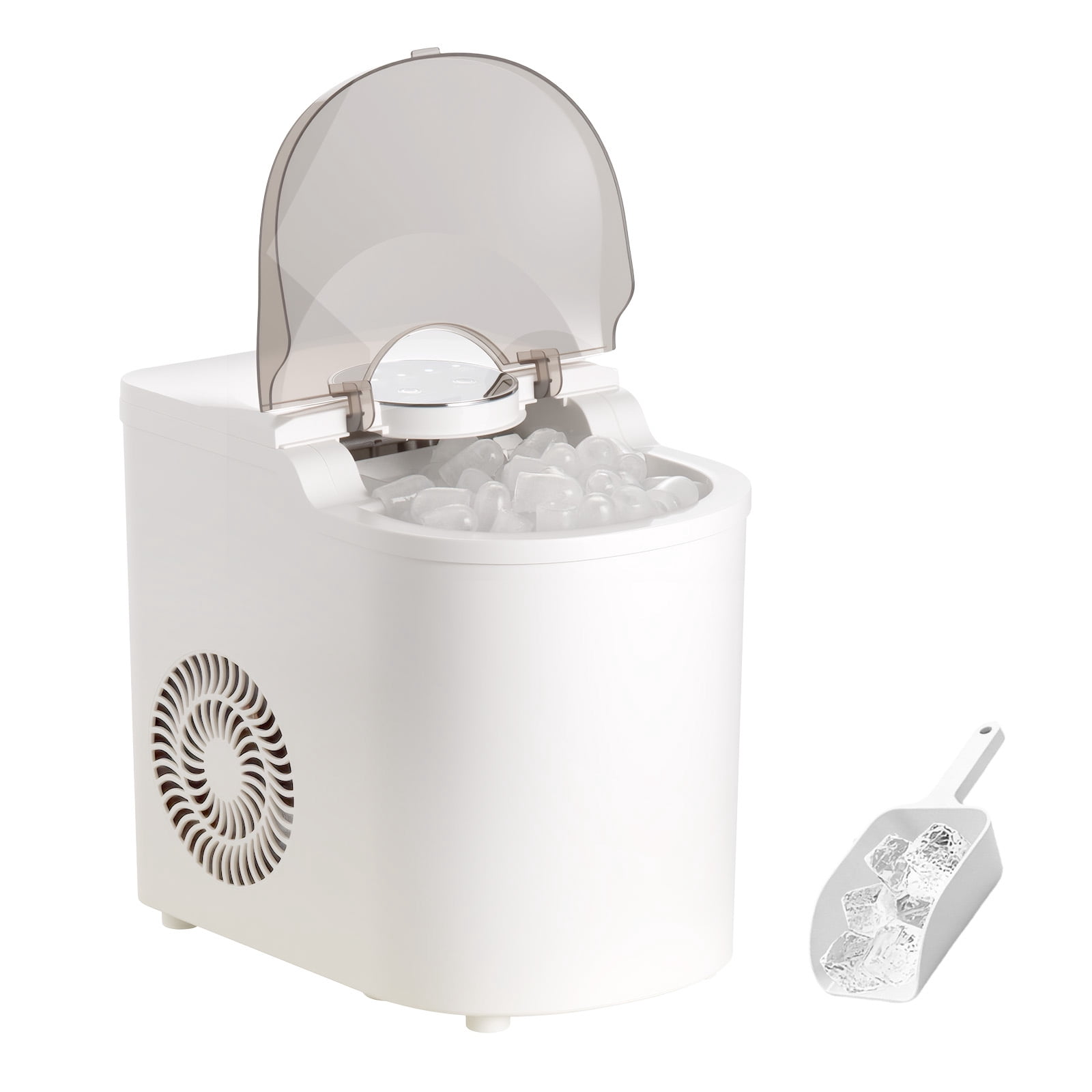 KFFKFF Countertop Ice Maker, Produces 7 Ice Cubes in 6 Minutes, 26 lbs Daily Capacity, Portable Machine with Self-Cleaning Function, Includes Ice Scoop, Offers Two Sizes of Bullet-Shaped Ice for Home