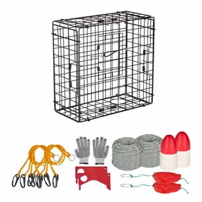 KFFKFF Crab Trap Set, 2 Pieces, 24.4x24.4x11.8 inch Durable Large Crab Pot for Dungeness, Black PVC-Coated Wire Mesh for Discreet Catching, Includes Gauge, Red/White Float, 100ft Weighted Rope