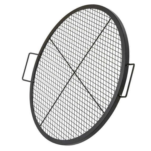 KFFKFF Cross-Marks Grill Grate for Fire Pit, Circular Cookware, Robust Steel BBQ Grill Grid with Handle and Support Cross Wire, Mobile Outdoor Cooking Equipment for Social Events, 30 Inch, Black