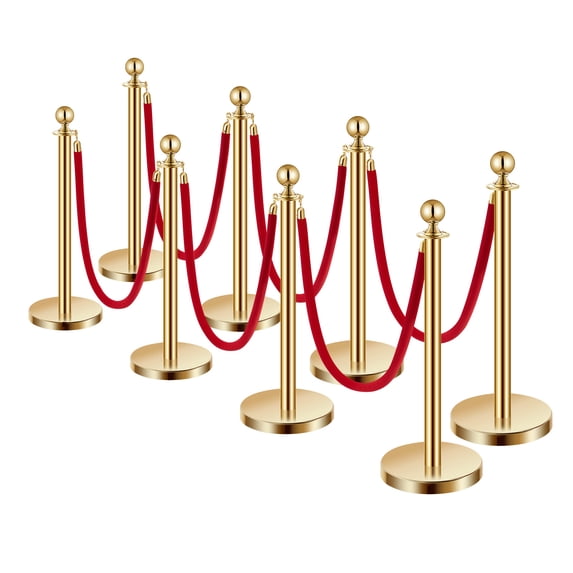 KFFKFF Crowd Control Barriers 8Pcs, Stainless Steel Post with Hollow Base, 6 Red Velvet Ropes and Posts, Gold Stanchions, Party Supplies Red Carpet Runner Poles