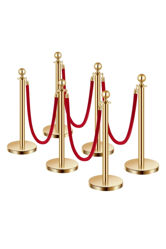 Crowd Control Barriers, Set of 6, Stainless Steel Posts with Hollow Base, 4 Red Velvet Ropes, Gold-Colored Stanchions, Party Supplies with Red Carpet Runner Poles