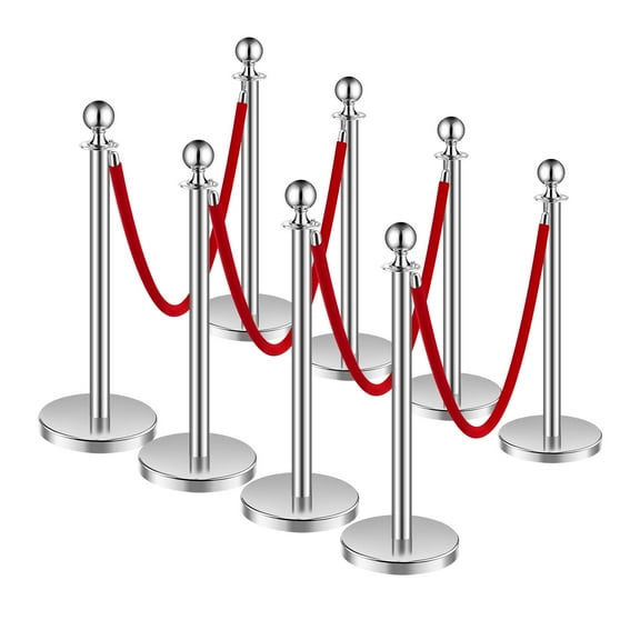KFFKFF Crowd Control Barriers, Set of 8, Stainless Steel Posts with Hollow Base, 4 Red Velvet Ropes, Silver Poles, Ideal for Party Supplies, Red Carpet Events