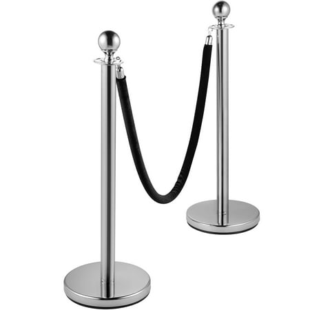 KFFKFF Crowd Control Posts, Set of 2 Posts, Post Kit with 5ft/1.5m Black Velvet Rope, Silver Crowd Control Barrier with Solid Concrete and Metal Base - Easy Attachment Assembly