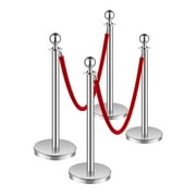 KFFKFF Crowd Management Poles and Velvet Cords Set of 4, Stainless Steel Posts with Empty Base, 2 Red Velvet Cords and Posts, Silver Crowd Control Poles, Red Event Carpet Poles for Event Essentials