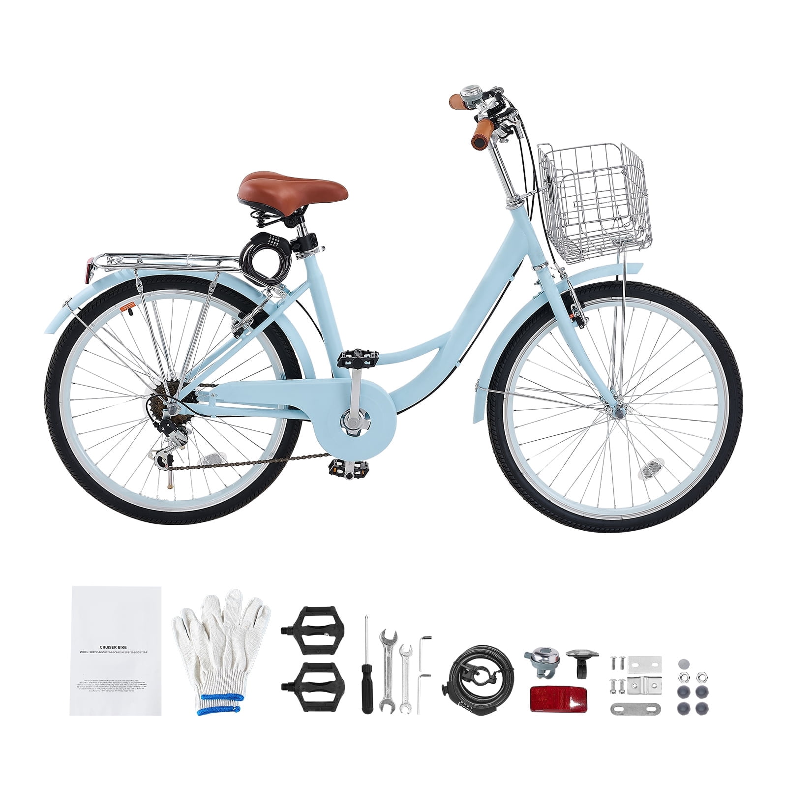 KFFKFF Cruiser Bike, Bike wih 7-Gear, Spacious Basket and Back Stand, Suitable for Biking, Workout & Purchasing