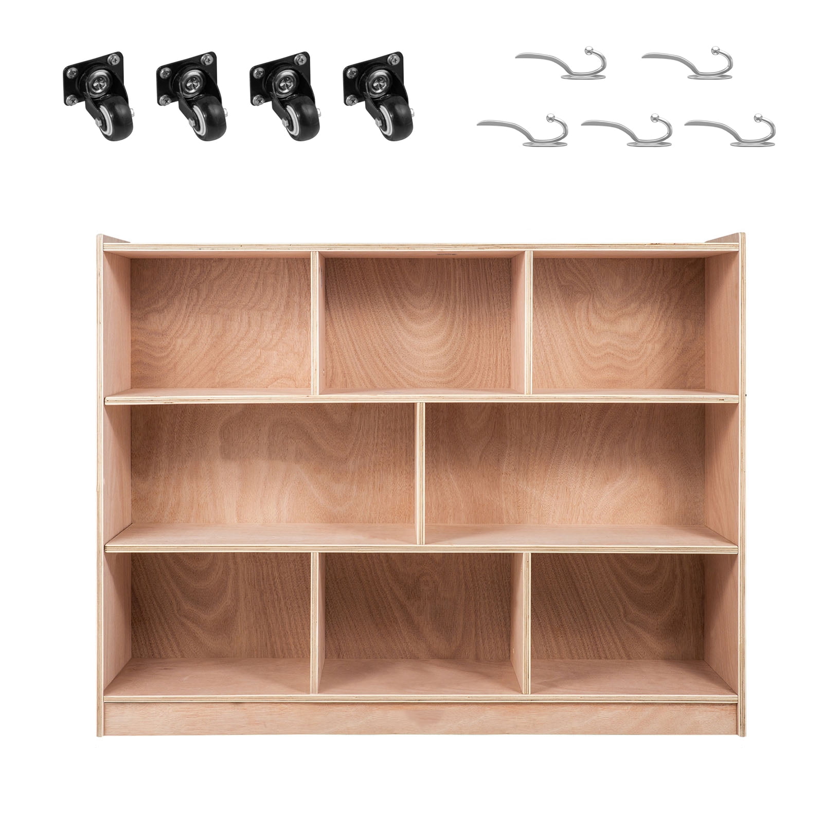 KFFKFF Cubby Rolling Storage Unit with 8 Sections, 3-Tier Cubby Organizer Shelf, Ideal for Classroom, Daycare, and Home Use, Preschool Storage Solution in Natural Finish