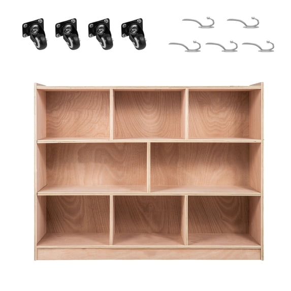 KFFKFF Cubby Rolling Storage Unit with 8 Sections, 3-Tier Cubby Organizer Shelf, Ideal for Classroom, Daycare, and Home Use, Preschool Storage Solution in Natural Finish