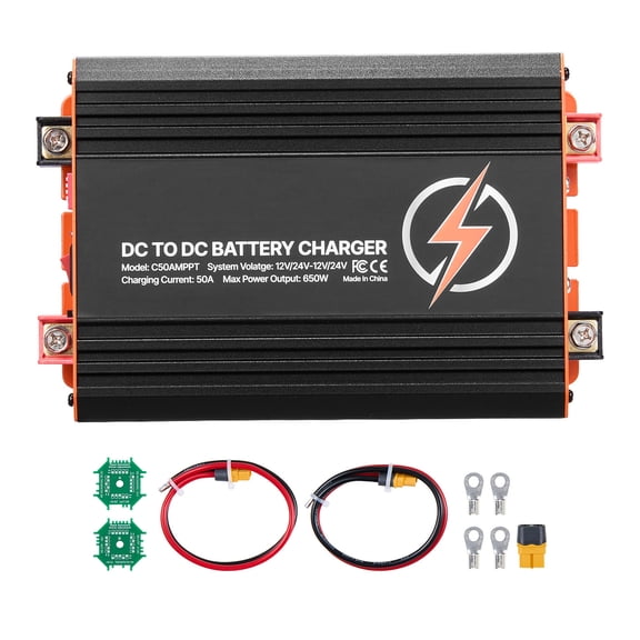 KFFKFF DC to DC Charger with MPPT, 650W, 50A On-Board Battery Charger, Dual Input from Solar Panel and Alternator, Intelligent Multi-Stage Charging for LiFePO4 and Lead-Acid Batteries