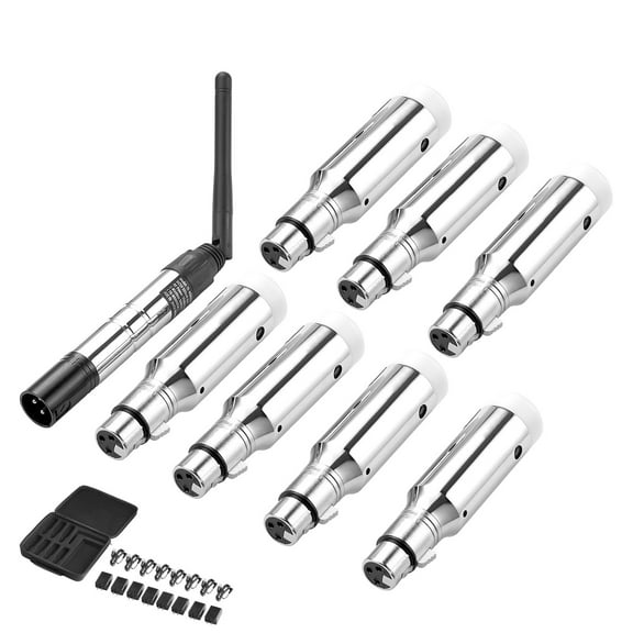 KFFKFF DMX Wireless Receiver with 7 Receivers & 1 Transmitter, 2.4G ISM Band, 656 ft Range, Rechargeable Battery, Wireless Lighting Control for Stage, Party, DJ, Bar, Silver