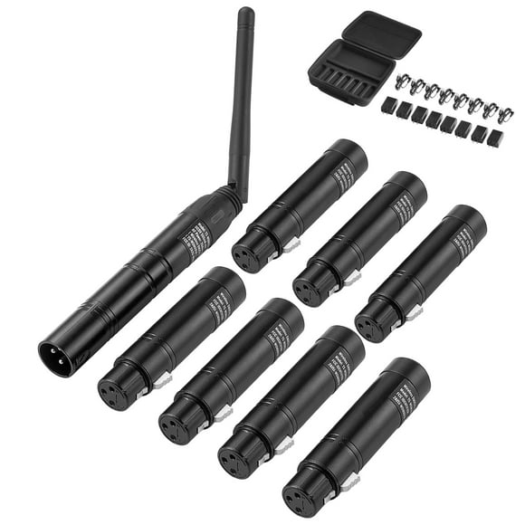 KFFKFF DMX Wireless Receiver Set, Includes 7 Receivers & 1 Transmitter, Operates on 2.4G ISM Band, Capable of 656 ft Transmission Distance, Comes with Bag and Adapter