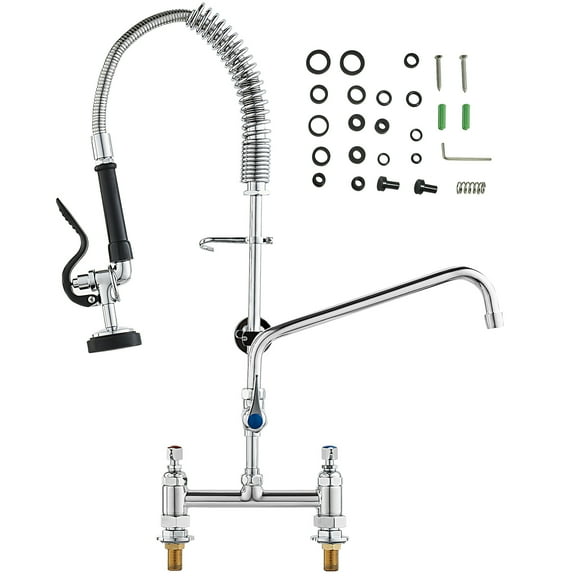 KFFKFF Deck Mounted Kitchen Faucet, 26" Tall, 8" Center, Includes 12" Rotating Spout and Pre-Rinse Spray, Brass Build, Suitable for 1/2/3 Section Sinks with Pull-Down Feature
