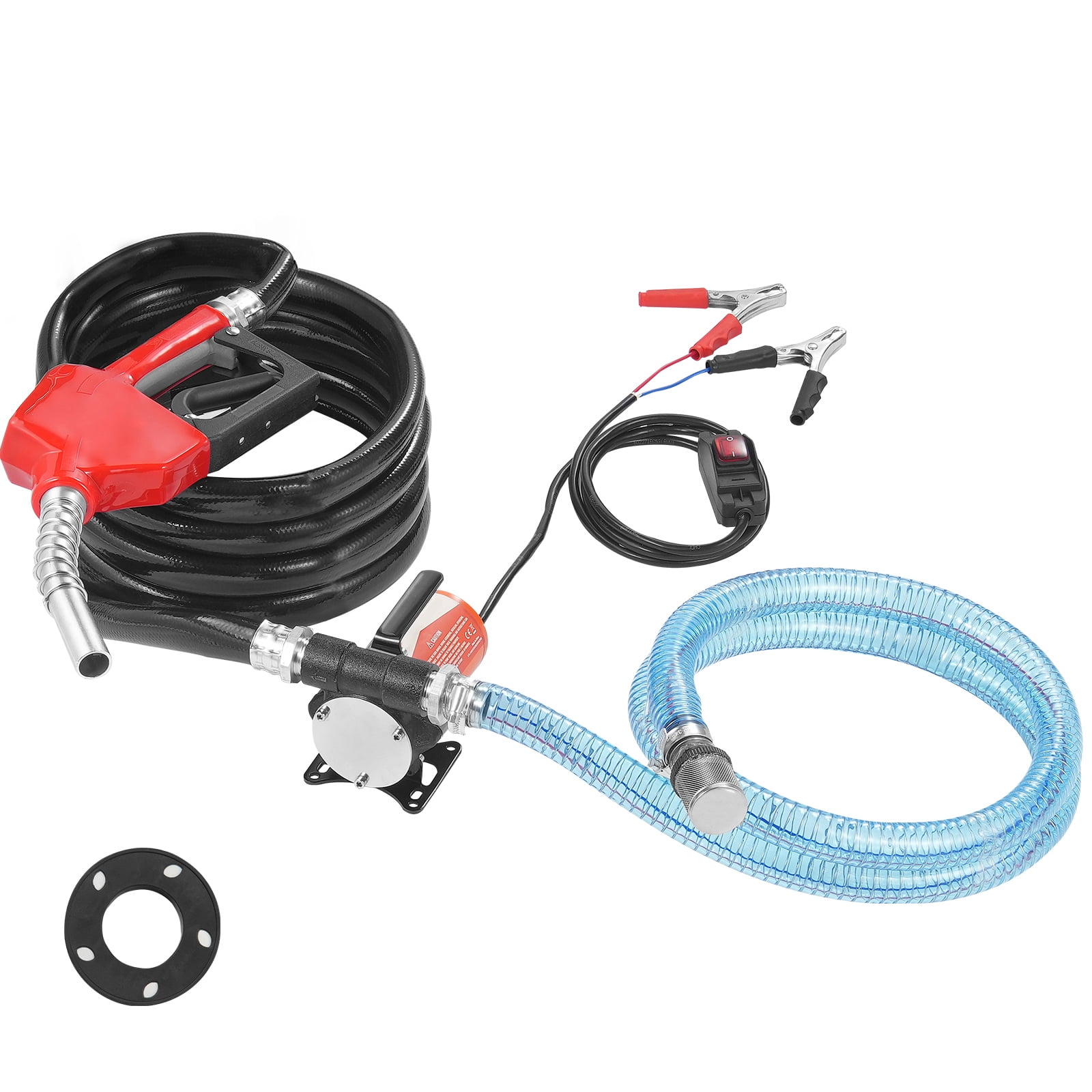 KFFKFF Diesel Pump, 12V DC, 8 GPM, 1/6 HP, Electric Portable Pump with Automatic Shut-Off Nozzle, Extended Inlet \u0026 Outlet Hoses for Fuel, Diesel, Kerosene, and Methanol Mixes