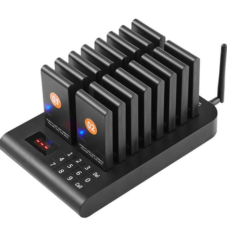 KFFKFF Diner Paging System, 500m Extended Distance Queue Alert System, Patron Notification Pagers with Vibrating & Blinking Features, Set of 16 Devices for Mobile Eateries, Religious Institutions