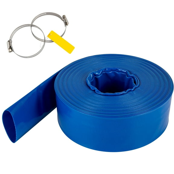 KFFKFF Discharge Hose, 1-1/2" x 100', Heavy Duty Backwash Drain Hose with Clamps, PVC Fabric Lay Flat Hose, Weather-proof & Burst-proof, Ideal for Swimming Pool & Water Transfer, Blue