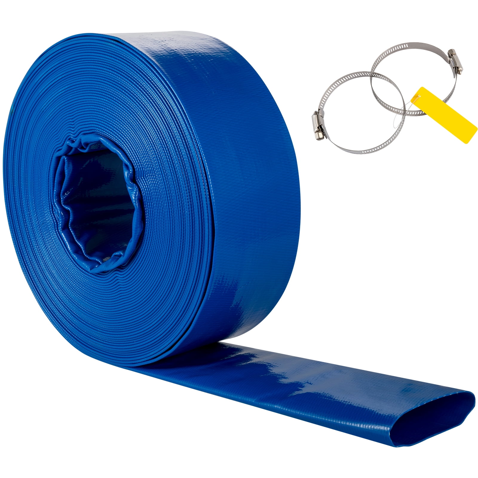 KFFKFF Discharge Hose, PVC Fabric Lay Flat Hose, Weather-proof & Burst-proof, Heavy Duty Backwash Drain Hose with Clamps, Ideal for Swimming Pool & Water Transfer, Blue , 2" x 105',