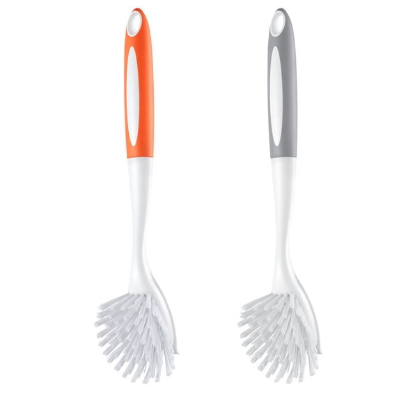 KFFKFF Dish Brush Set, 4 Kitchen Scrub Brushes with Durable Handle, Cleaning Brushes with Angled Bristles, Perfect for Cookware, Sink, and Stove, Includes 2 Gray + 2 Orange