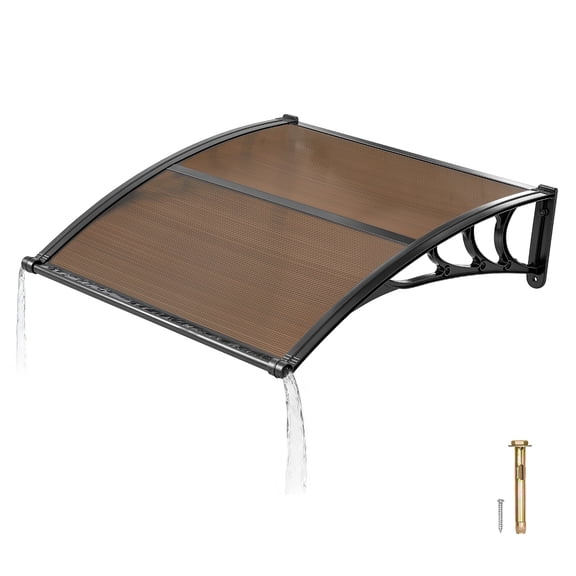 KFFKFF Door Awning for Entrance, 38 x 40 in, Outdoor Window Cover with Drainage & ABS Support, Weather Protection for Rain, Snow, and Sun, Polycarbonate Canopy for Porch or Patio, Brown