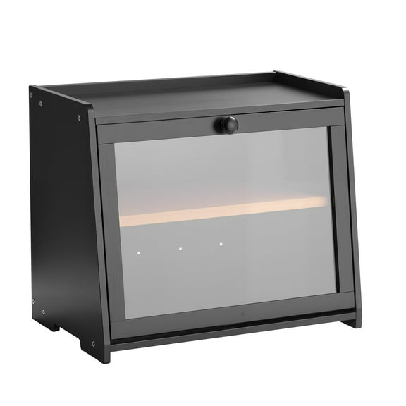 KFFKFF Double-Layer Bamboo Bread Box for Kitchen Counter, Spacious Wooden Bread Storage Container with Acrylic Wavy Door, Farmhouse-Style Bread Holder for Homemade Baked Goods, Black