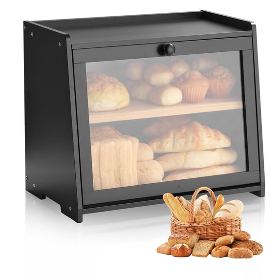 KFFKFF Double-Layer Bamboo Bread Box for Kitchen Counter, Spacious Wooden Bread Storage Container with Acrylic Wavy Door, Farmhouse-Style Bread Holder for Homemade Baked Goods, Black